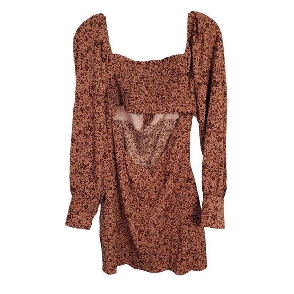 Lush NWT Size L Dress Mini Smocked Cutout Back Puff Sleeve Woodland Floral Rust - Picture 3 of 11
